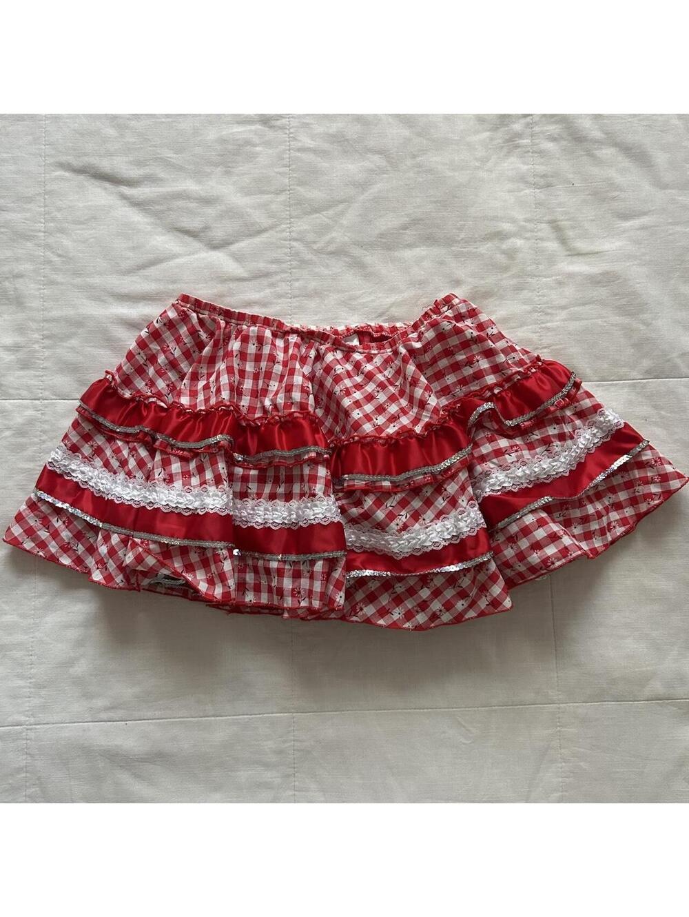 Red White Gingham Plaid Ruffle Mini Skirt XS Lace Dorothy Halloween Costume